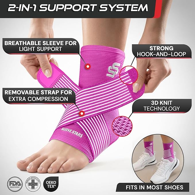 Sleeve Stars Ankle Brace for Women & Men, Ankle Wrap for Sprain, Compression Sleeve for Plantar Fasciitis Relief, Easy Customizable Support: w/ Removable Strap (Single/M:10"-12"/Hot Pink)