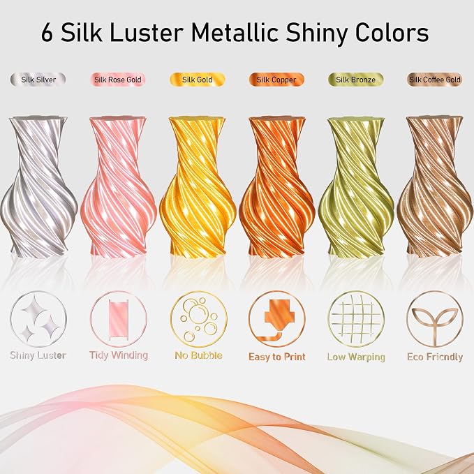 MIKA3D 6 Spools 1.75mm Silk PLA 3D Printer Filament Bundle, 6 Metallic Shiny Colors: Gold/Silver/Copper/Bronze/Coffee Gold/Rosegold, Each Spool 250g X 6 Spools, Total 1.5Kg 3D Printer Material