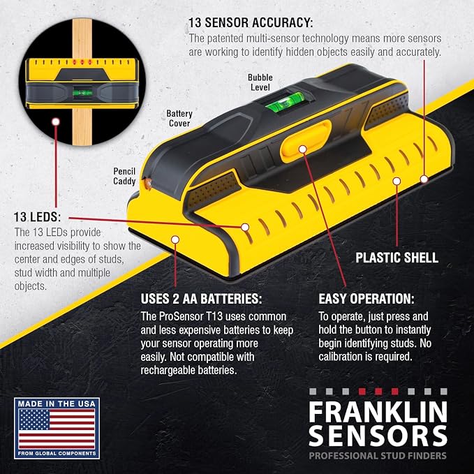 Franklin Sensors ProSensor T13 Stud Finder with 13-Sensors, Wood & Metal Stud Detector/Wall Scanner for Drywall, Built-in Bubble Level, Made in The USA