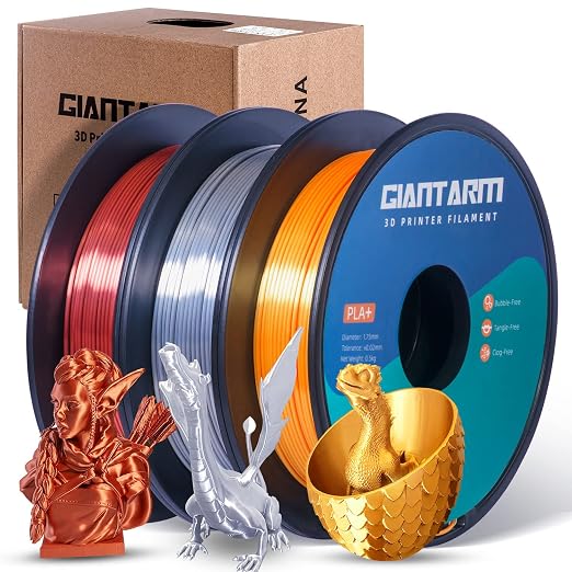 GIANTARM PLA Filament 1.75mm Bundle, Silk Gold Silver Copper PLA, Dimensional Accuracy +/-0.03mm，0.5kg Spool, 3 Packs with Vacuum Packing, for Most 3D FDM Printer