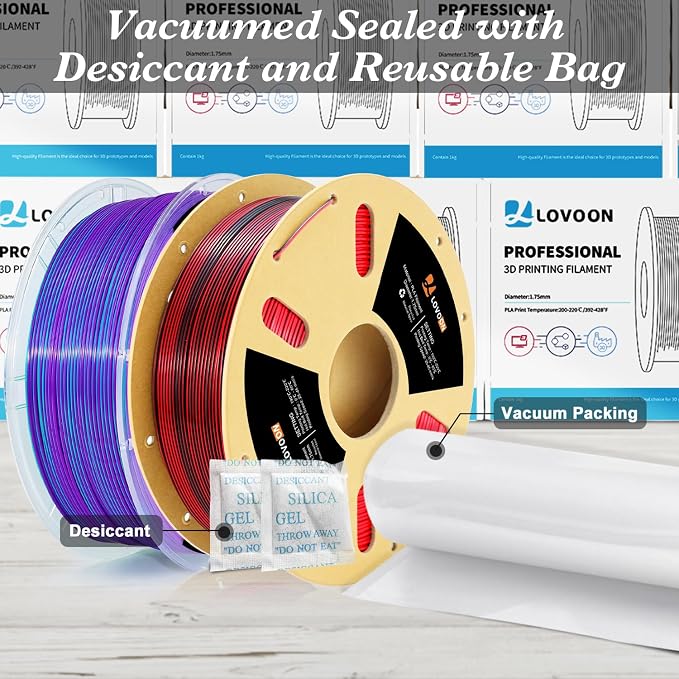 LOVOON Silk PLA Filament 1.75mm, 2KG Bundle 3D Printer Filament, 3D Printing Filament Shiny Change by Angle, Dual Color Black/Red and Blue/Purple, 1KG X 2 Spools