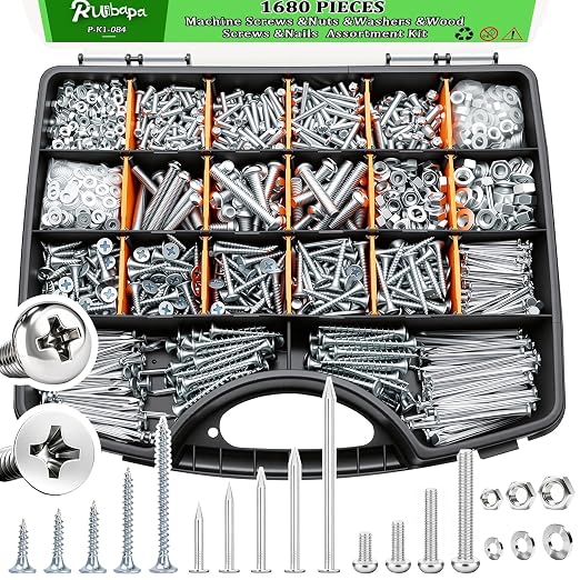 1680pcs Nails and Screws Assortment Kit,3/4"-2" Hardware Nails,M3/M4/M5/M6 Machine Screws,#6#8 High Hardness Wood Screws,Assorted Screws, Common Nails with Handheld Box