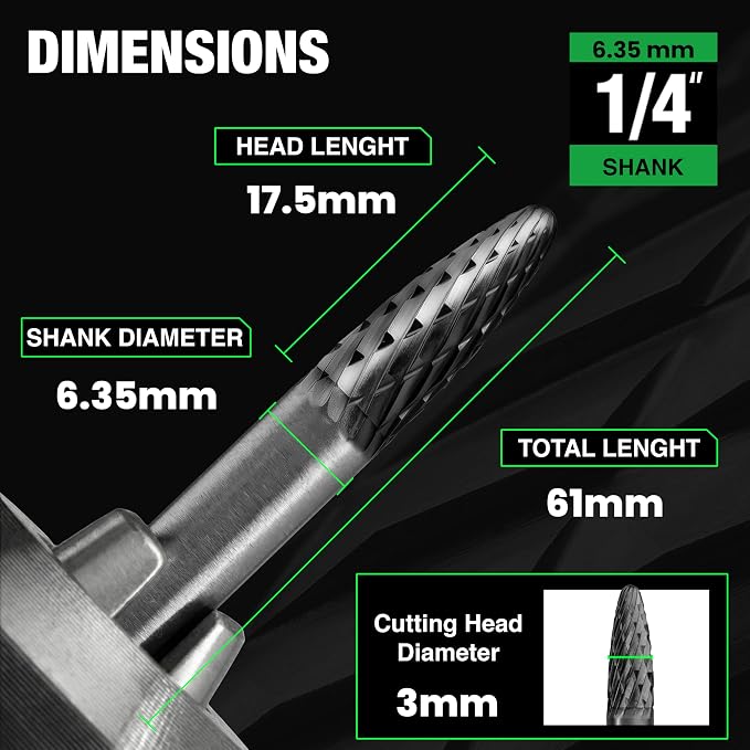 Carbide Burr SF-1 6.35mm (1/4") Shank – 1 Pc Double Cut Die Grinder Bits for Milling, Carving, Engraving, Deburring, Drilling, Hard Wood and Metals – Tungsten Carbide Drill Bit Set for Rotary Tools