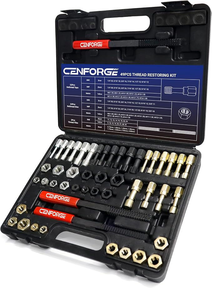 49PCs Thread Chaser Set, Metric & SAE Rethreading Tool Kit with 22 Taps, 24 Dies, 3 Thread Files - Universal Bolt Restorer in UNC UNF Metric Sizes for Automotive (Includes Portable Case)