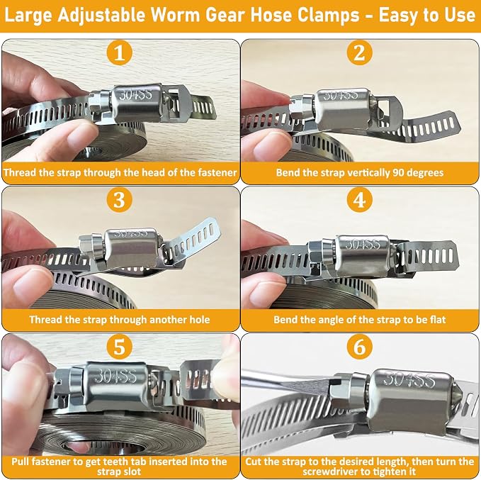 Hose Clamps Stainless Steel, Large Worm Gear Duct Pipe Hose Clamp Assortment Kit, Band Fittings Strap, 32.81FT Adjustable Metal Bolt with 20 Stronger Fasteners Screw for Plumbing Auto Tube Fuel Line