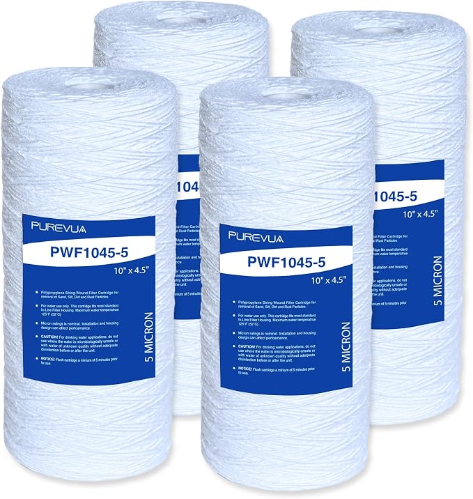 5 Micron 10"x4.5" String Wound Sediment Filter, Whole House Water Filter Cartridge for Well Water, Compatible with WP5BB97P, RS22, SWC-45-1005, Fits Standard 10" Big Housings, 4 Pack