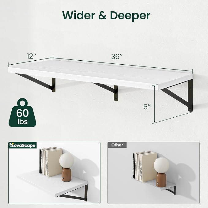 Floating Shelves 12 Inch Deep, 36W x 12D Wall Shelf Set of 2, 60 lbs Heavy Duty Reversible Metal Brackets, Deep Industrial Book Shelf for Living Room Kitchen Bath Bedroom Coffee Bar, White