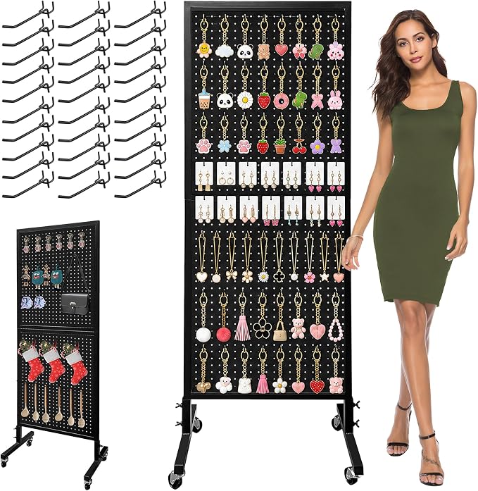 Royxen 2 x 5.5 Feet Pegboard with 30 Hooks, Pegboard Display with Wheels, Standing Pegboard Display, Metal (Black)