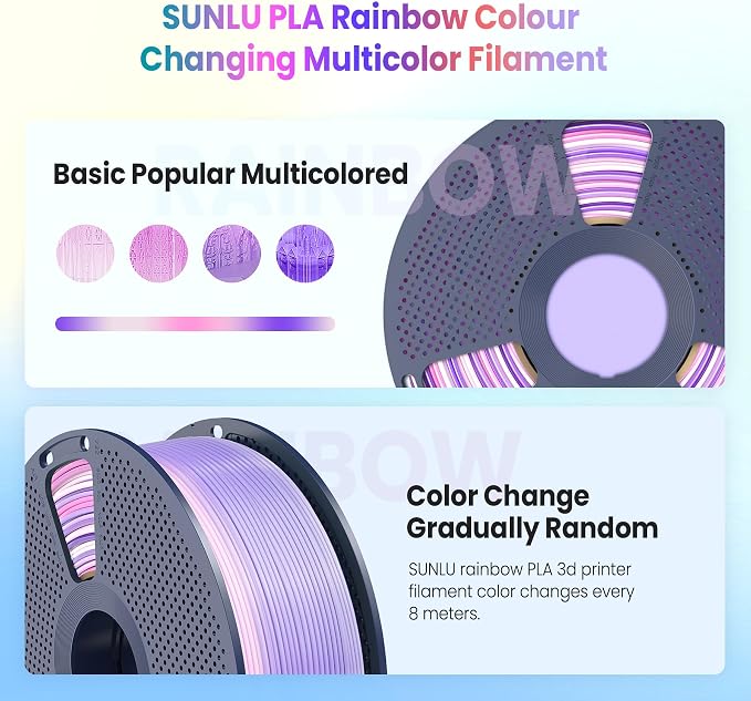SUNLU Rainbow PLA Filament 1.75mm, Multicolor Gradient 3D Printer Filament, Neatly Wound 3D Printing Filament, Dimensional Accuracy +/-0.02mm, 1KG Spool(2.2 lbs), Rainbow PLA 03