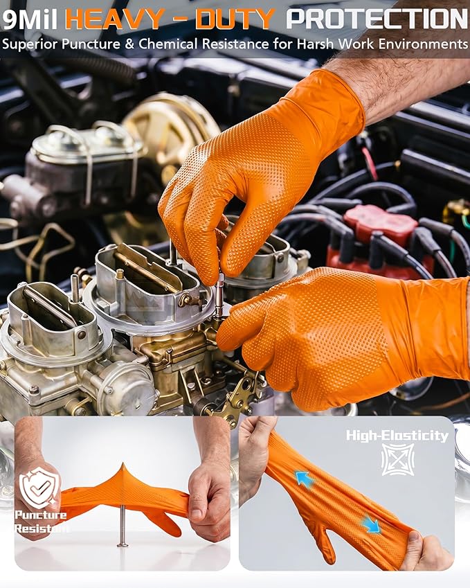 wcy 9 Mil Heavy Duty Orange Nitrile Gloves,Raised Diamond Texture Grip,Industrial Mechanic Rubber Gloves Disposable Latex Free Chemical Resistant Guantes for Work,Cooking,Food Safe - Medium,80Count