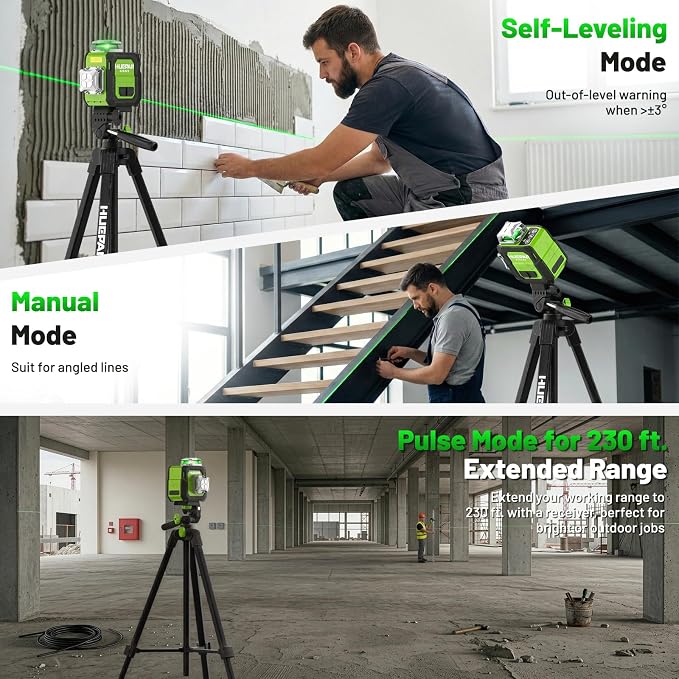 Huepar Laser Level 360° Self Leveling with 60" Tripod, New 3D, Smaller Size, Better Value, 3x360° Green Cross Line Laser Level 12 Lines, Rechargeablel Outdoor Pulse Mode, Tile, Cabinet, etc. ST03CGTP
