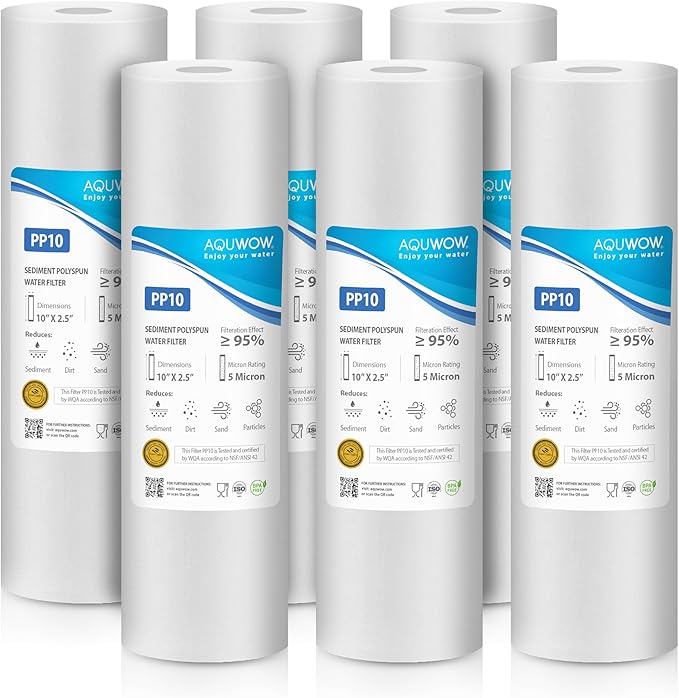 PP10 5 Micron 2.5" x 10" Filter Set – Sediment Replacement Cartridges for Whole House Water Filtration Systems, Universal Standard PP Filters (6, 10 x 2.5)