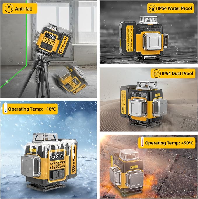 4 x 360 Laser Level 360° Self Leveling, 4D High Brightness Rechargeable Lazer Level, with Pluse Mode for Outdoor, Hard Carry Case, Lift Base, Glasses, Target Plate
