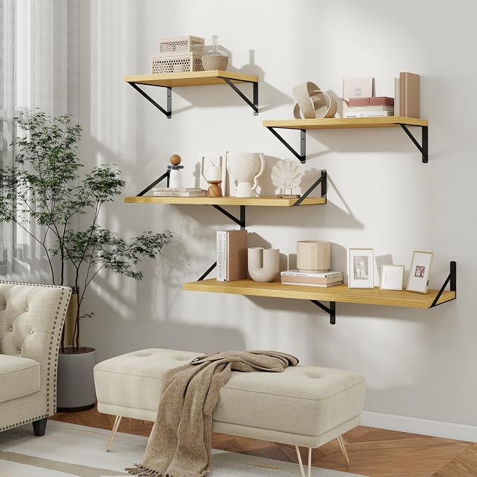 Floating Shelves 12 Inch Deep, 24W x 12D Wall Shelf Set of 2, 50 lbs Heavy Duty Reversible Metal Brackets, Deep Industrial Book Shelf for Living Room Kitchen Bath Bedroom Coffee Bar, Oak