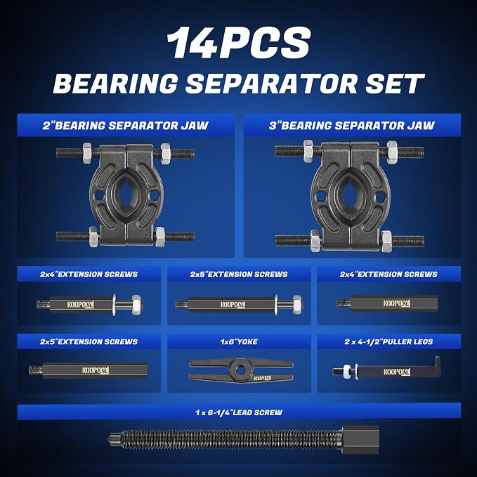 KOOPOOL Bearing Puller and Splitter Kit, Separator and Puller Set, Pinion Bearing Puller and Wheel Removal Tool, 5 Ton Capacity Bearing Separator with 2’’ and 3’’ Bearing Separator Jaws, 14Pcs (Blue)