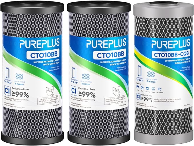 PUREPLUS 3-Pack Whole House Water Filter Set – Includes 2 x CTO10BB Carbon Block Filters and 1 x CTO10BB-CQB Enhanced Lead Reduction Filter, Fits Standard 10" x 4.5" Filter Housings