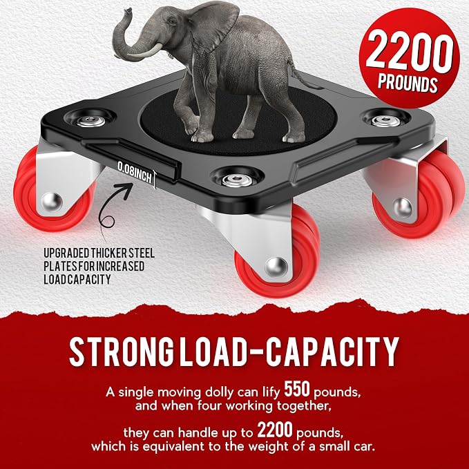Furniture Movers with 8 Wheels – Upgraded Dual Wheel Design, Carbon Steel Panel Heavy Duty Dolly with Lifter, Max Load 2200 LBS, More Stable & Smoother Moves