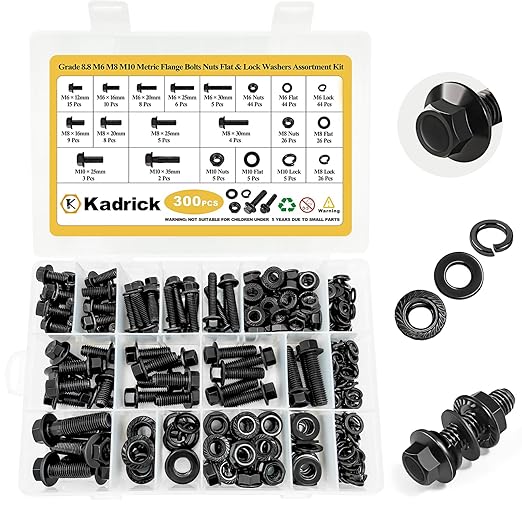 Kadrick Metric Flange Bolt Assortment. 300Pcs M6 M8 M10 Bolt Kit,M6 x1.0 M8 x1.25 M10-1.25 (12mm to 35mm) Hex Bolts Nuts and Washers Kit,Black Zinc Plated
