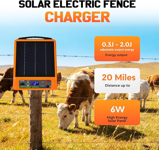 20miles Solar-Powered Electric Fence Charger, Adjustable Output Voltage:6/8/10/12kV, 2J Portable Solar Fence Charger Supports Battery/Solar/AC Power Ideal for Livestock/Garden/Orchard/Farm Protection