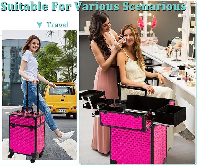 AROUS Rolling Makeup Train Case Cosmetic Travel Trolley with 4 Aluminum Trays with Sliding Rail Removable Middle Layer with Key Swivel Wheels Salon Barber Traveling Cart Trunk, Rose Red