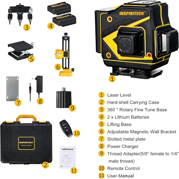 Floor Laser Level Self Leveling,3x360 Horizontal Vertical Cross Line laser, 3D Green Beam Squaring Alignment for Tiling Floor Wall Ceiling with 2 Lithium Batteries