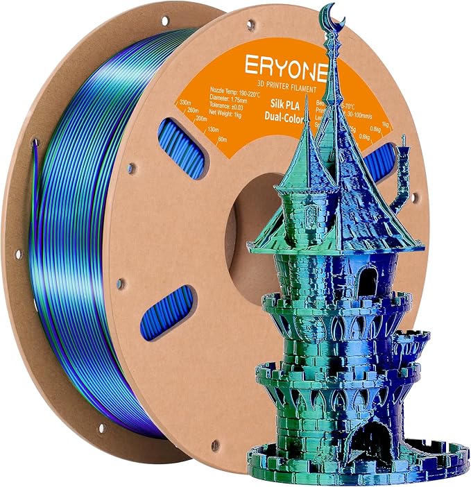 ERYONE Silk Dual Color PLA Filament 3D Printer 1.75mm +/- 0.03mm, Bicolor Filament Two Tone PLA 1KG(2.2lbs) Cardboard Spool, Blue Green