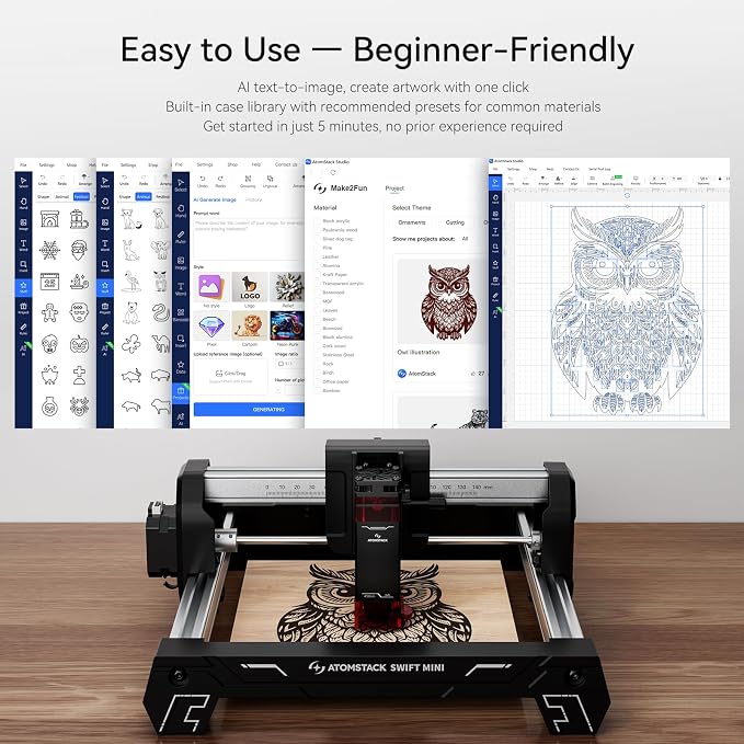 ATOMSTACK Swift 3.5W Laser Engraver Mini, Laser Engraving Machine for Wood Leather Acrylic, Desktop Laser Cutter, Fully Assembled, WiFi & USB, AI Software, 135×145mm Work Area, Black, 3500mW