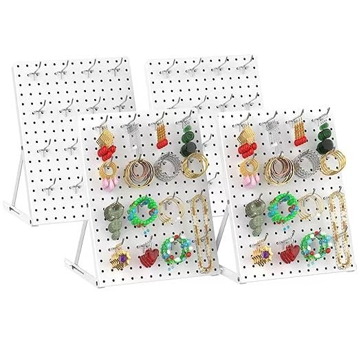 4 Pack Pegboard Display Stand, Sturdy Anti-tip Design,Small Peg Board Tabletop with 48 Hooks, Adjustable Metal Peg Board for Vendor Display, Craft Show, Jewelry Display 16''X12'' – White