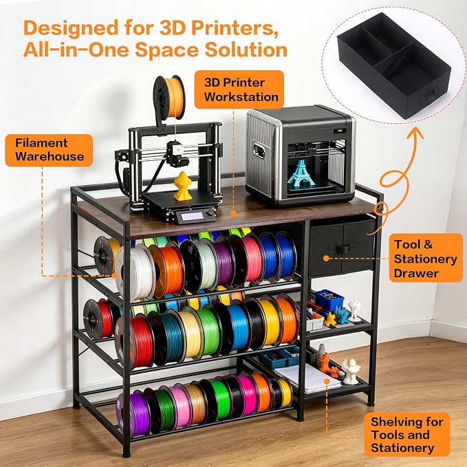 3D Printer Stand with Filament Storage Rack, Heavy Duty Metal Frame Workstation, 3-Tier 3D Printer Table with Tool Shelf for Stable Printing, Home Office Workshop Garage