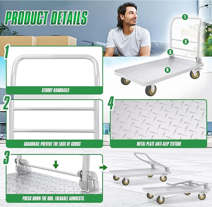 Platform Truck with Brake System 2600lbs Capacity Heavy Duty Push Cart Dolly Foldable Flatbed Cart with 5'' Swivel Wheels Large Steel Platform Dolly Cart for Groceries, Garage, Warehouse (24" x 48")