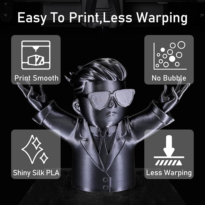 Silk Black PLA Satin Shiny 3D Printer Filament, 1.75mm Diameter 1kg Spool 2.2lbs for FDM 3D Printers