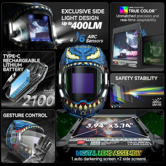 ANDELI Welding Helmet - 180° Panoramic 6 Arc Sensor True Color, Auto Darkening Welding Helmet with Light and Motion Sensing, 2100mAh Rechargeable Battery for TIG/MIG/Cut/Grind MONERDB-LED