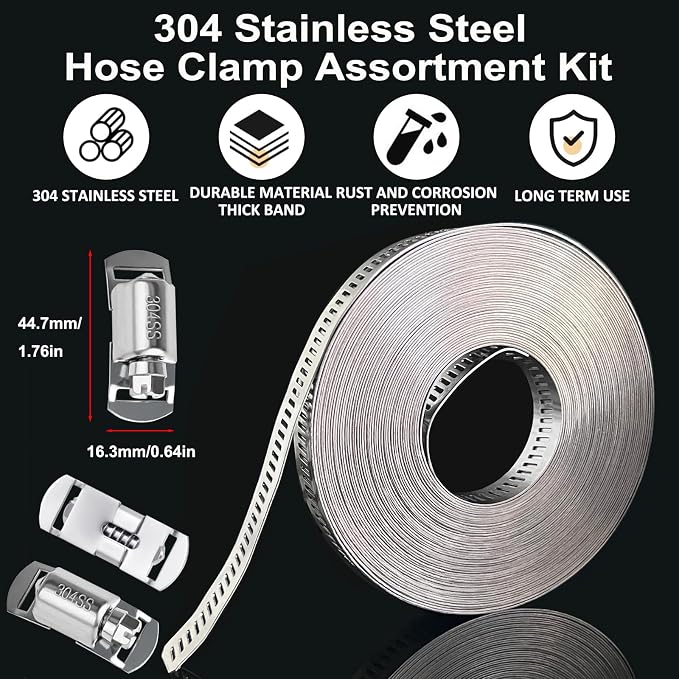 Hose Clamps Stainless Steel, Large Worm Gear Duct Pipe Hose Clamp Assortment Kit, Band Fittings Strap, 32.81FT Adjustable Metal Bolt with 20 Stronger Fasteners Screw for Plumbing Auto Tube Fuel Line
