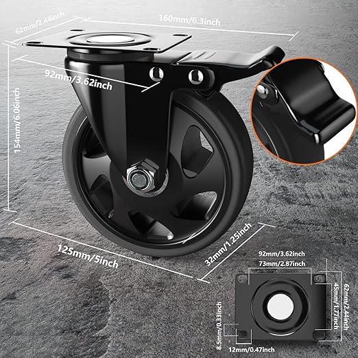 YUPEZOP 5 Inch Swivel Caster Wheels, Set of 4 Heavy Duty, Locking Industrial Casters with Brake, Black, Stainless Steel, Polyurethane, Double Safety Brakes and 360 Swivel for Maximum Flexibility