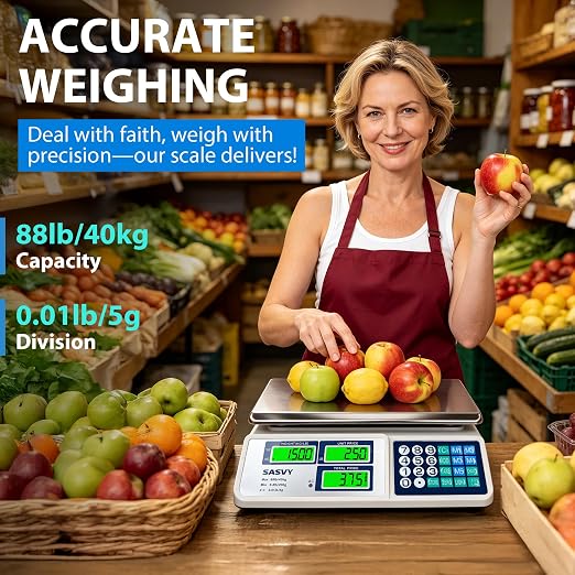 Price Computing Scale 88lb/40kg Commercial Food Scale with Change Function, Dual LCD Displays, Rechargeable Battery for Farmers Markets, Deli, Meat, Produce, Retail