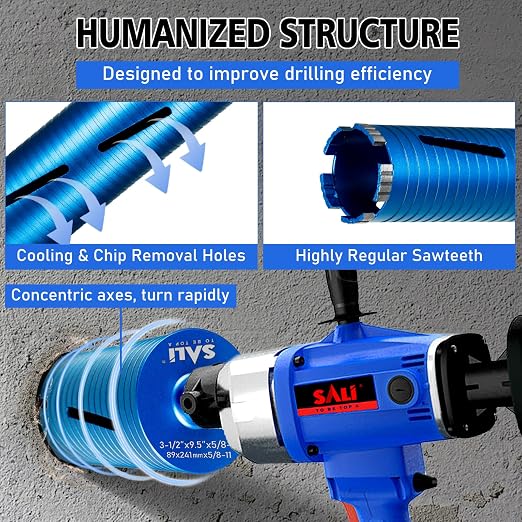SALI Diamond Core Drill Bits 1 3/8" Diameter 10"/254mm Drilling Depth 5/8-11" Thread Core Bit Turbo Laser-Welded Segments for Cured Concrete with, Brick, Block, Masonry, with Two Adapters