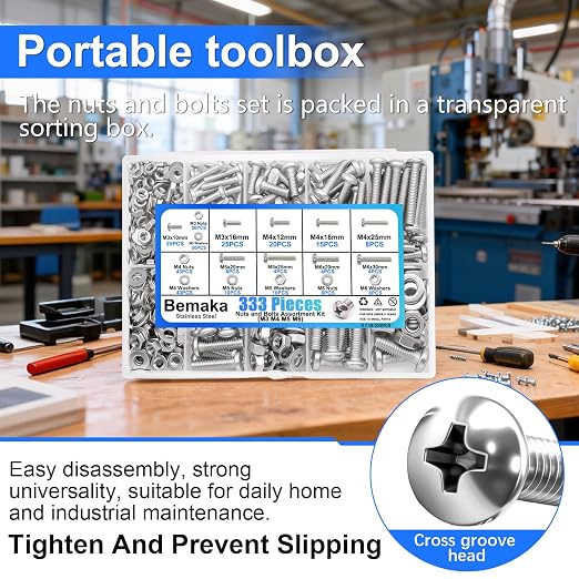 333Pcs Machine Screws Nuts and Bolts Assortment Kit, Stainless Steel Bolts 9 Sizes M3 M4 M5 M6 Phillips Pan Head Screw Assortment Kit for Furniture, Automotive, Appliance Repair, DIY Projects