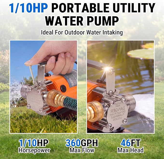 HoldwellS Water Transfer Pump 115V AC, 360 GPH, 1/10HP, 46FT High-Lift | Utility Pump, Portable Electric Water Pump with Water Hose Kit, Incl. Carbon Brushes, Impeller etc, For Water Removal
