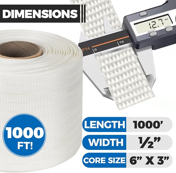 Heavy Duty Woven Cord Flat Rope - 1000ft x ½” Roll - Banding & Pallet Strapping Kit - Includes Virgin Polyester Strapping Roll & Self-Dispensing Box