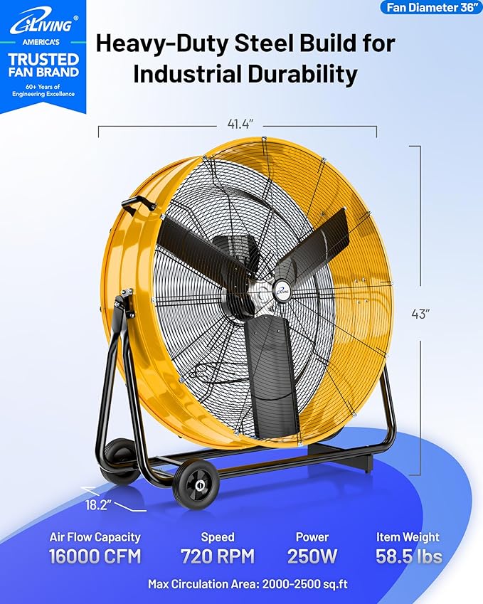iLiving 36 Inches 16000 CFM Heavy Duty High Velocity Barrel Floor Drum Fan with DC Brushless Motor, Stepless Speed Adjustment for Workshop, Garage, Commercial or Industrial, UL Safety Listed