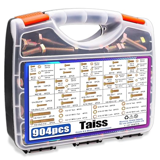Taiss 904pcs Grade 8.8 Metric Bolt Assortment & SAE Nuts and Bolts Assortment Kit,M4 M5 M6 M8 M10 1/4-20,5/16-18,3/8-16 1/2-13(12-60mm) Heavy Duty Hex Bolt Washer Yellow Zinc Plated,with Handheld Box