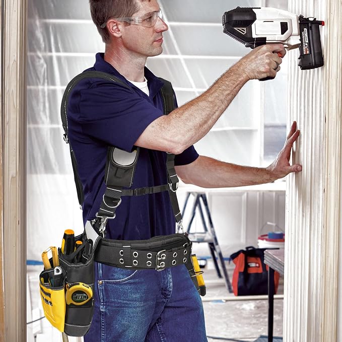 Tool Belt with Suspenders for Men, Heavy Duty Construction Tool Belt with 32 Pockets, 1680D Ballistic Material, Reflective Strips for Safety, HVAC Toolbelt for Men