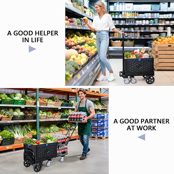 KEDSUM 4-in-1 Convertible Dolly Cart with Folding Crate, 600LBS Heavy Duty Hand Truck Dolly, Hand Truck with Adjustable Handle Angle & Expandable Base for Home,Warehouses,Dorm, Collapsible