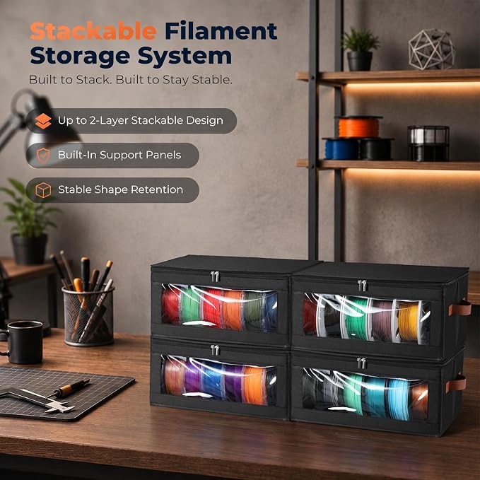 YOOPAI Filament Storage Box, 6 Pack Stackable 3D Printer Filament Storage Organizers for 36 Spools, Foldable Oxford Fabric Containers with Clear Window, PP Support Panels and Handles, Black