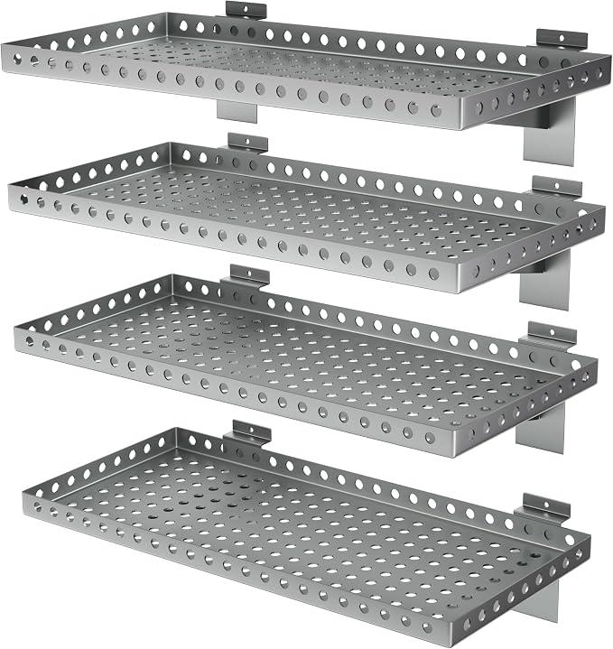 4 Pack Slatwall Shelves, Heavy Duty Grey Metal Slat Wall Shelf for Retail, Garage, Home Storage, 80 lbs Load Capacity, Universal Slatwall Accessories(10 x 24 Inch-4, Grey)
