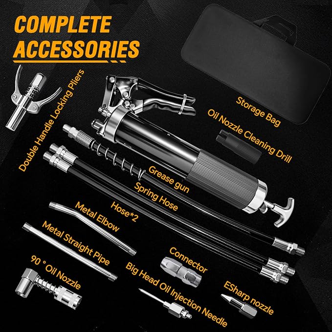 Heavy-duty handheld grease gun set, 14 oz capacity, equipped with a spring hose, 90° grease nozzle, dual-handle locking pliers, and other accessories, suitable for machinery, automobiles, and boats.