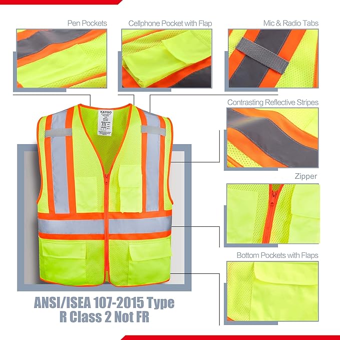 KAYGO Reflective High Vis Safety Vest with Pockets for Men and Women KG0100 | Breathable Polyester Lightweight, Two-Tone, ANSI Class 2, for Construction, Warehouse, Surveying, Cycling, Machine Washable