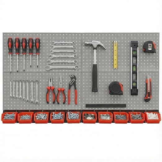 Peg Board Wall Organizer, Gray Metal Pegboard Organizer, 4 Metal Pegboard Panels(12"x24") with 55 Accessories, Wall Mount Large Peg Board Kit with Hooks, Bins for Home, Garage, Workbench