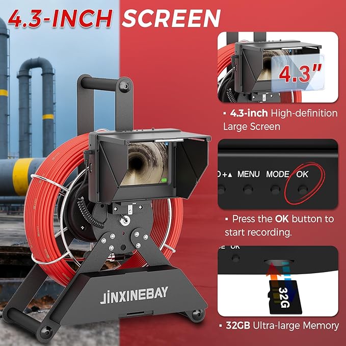 Sewer Pipe Inspection Camera, IPS Monitor 32GB TF Card DVR, IP68 1200TVL HD Camera 65/100FT Fiberglass Cable, 5600mAh Battery Night Vision, for Home/Contractor/Plumber (4.3 inch/100FT)