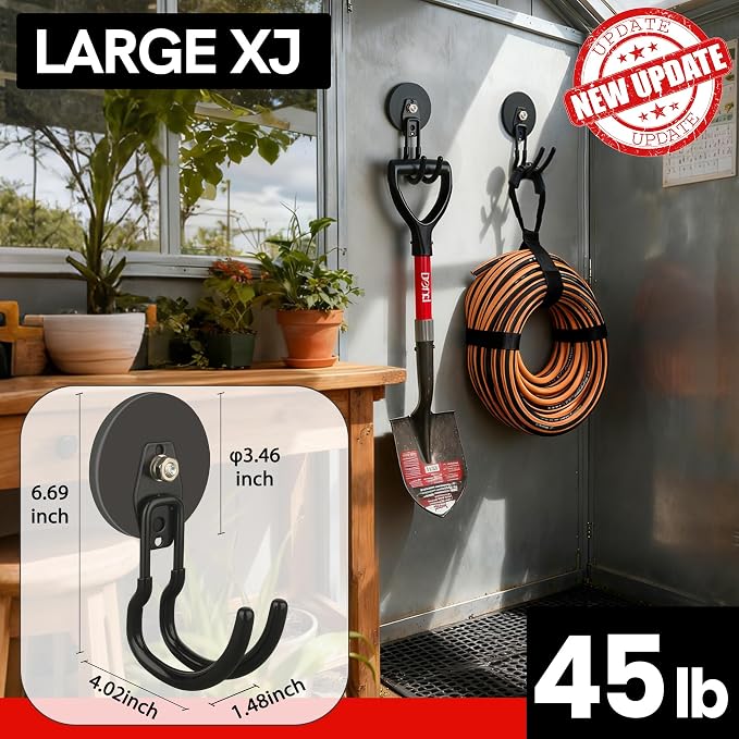 ULIBERMAGNET Heavy Duty Magnetic Garage Hooks,8 Pack Strong Large Magnet Hooks for Power Drill,Garden Tools,Hose,Pegboard,Garage, Workshop,Magnetic Storage Hooks for Indoor Outdoor Hanging(Black)
